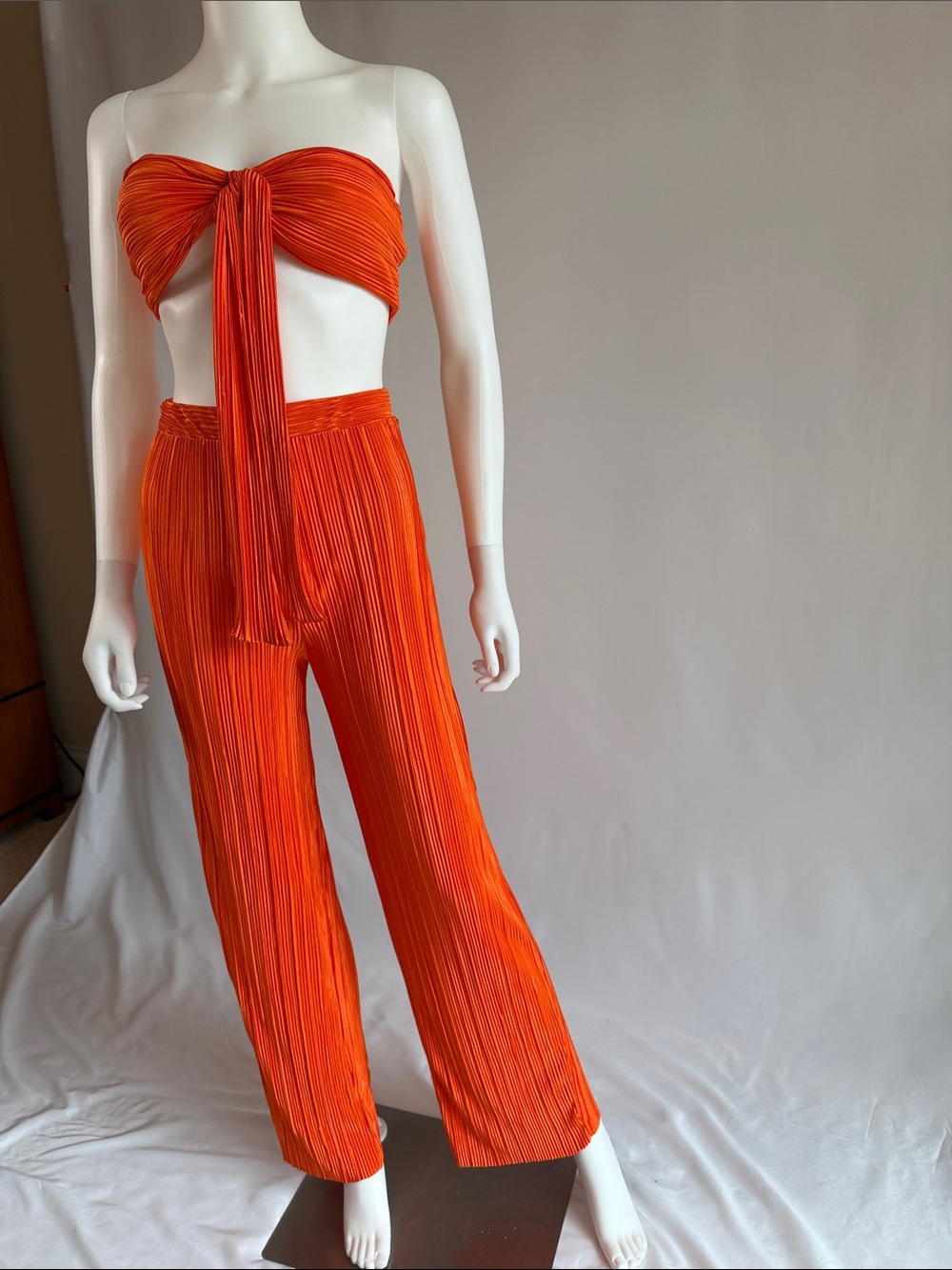 Orange Pleated Tie-Front Bandeau Jumpsuit